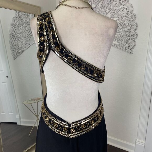 Betsy & Adam Black One Shoulder Dress with Gold Accents - Picture 3 of 9